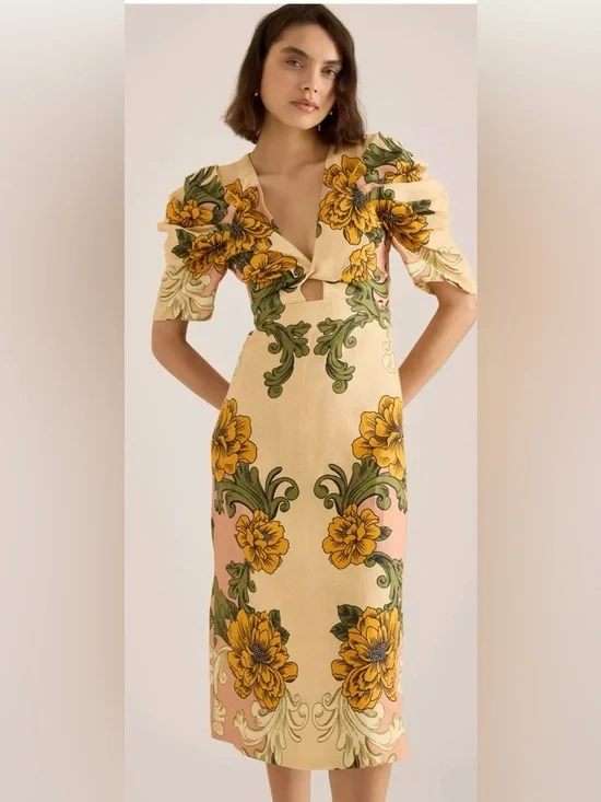 FARM Rio Delicate Flower Arabesques Linen Midi Dress- - Picture 9 of 9